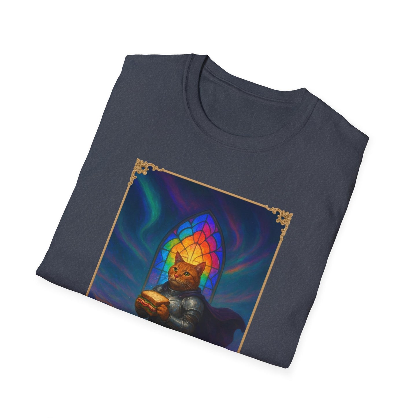 Knight Cat Stained Glass Sandwich T Shirt - Medieval Fantasy Cat in Armor Tee, Whimsical Cat Lover Gift Shirt