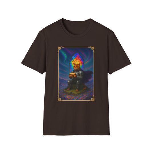 Knight Cat Stained Glass Sandwich T Shirt - Medieval Fantasy Cat in Armor Tee, Whimsical Cat Lover Gift Shirt