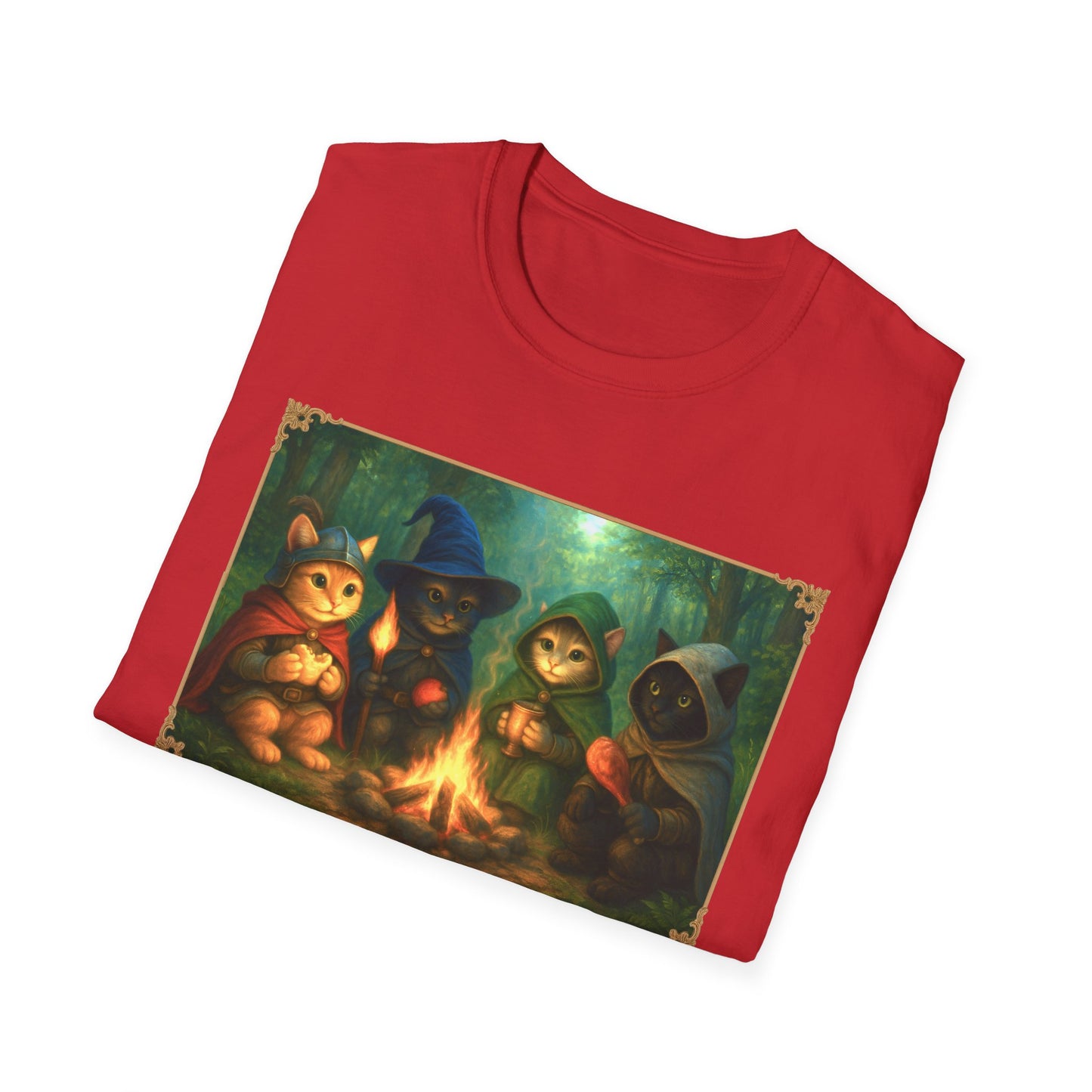 Fireside Kitties Fantasy T-Shirt - Adventuring Cats Around the Campfire