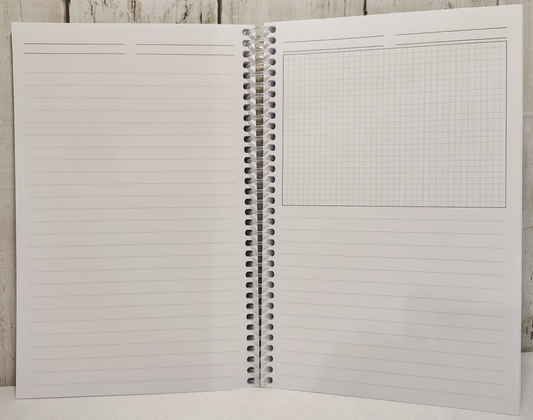 Sample two-page spread: one sheet of ruled paper, and one sheet of half-graph/half-ruled paper, for side-by-side room details and notes.