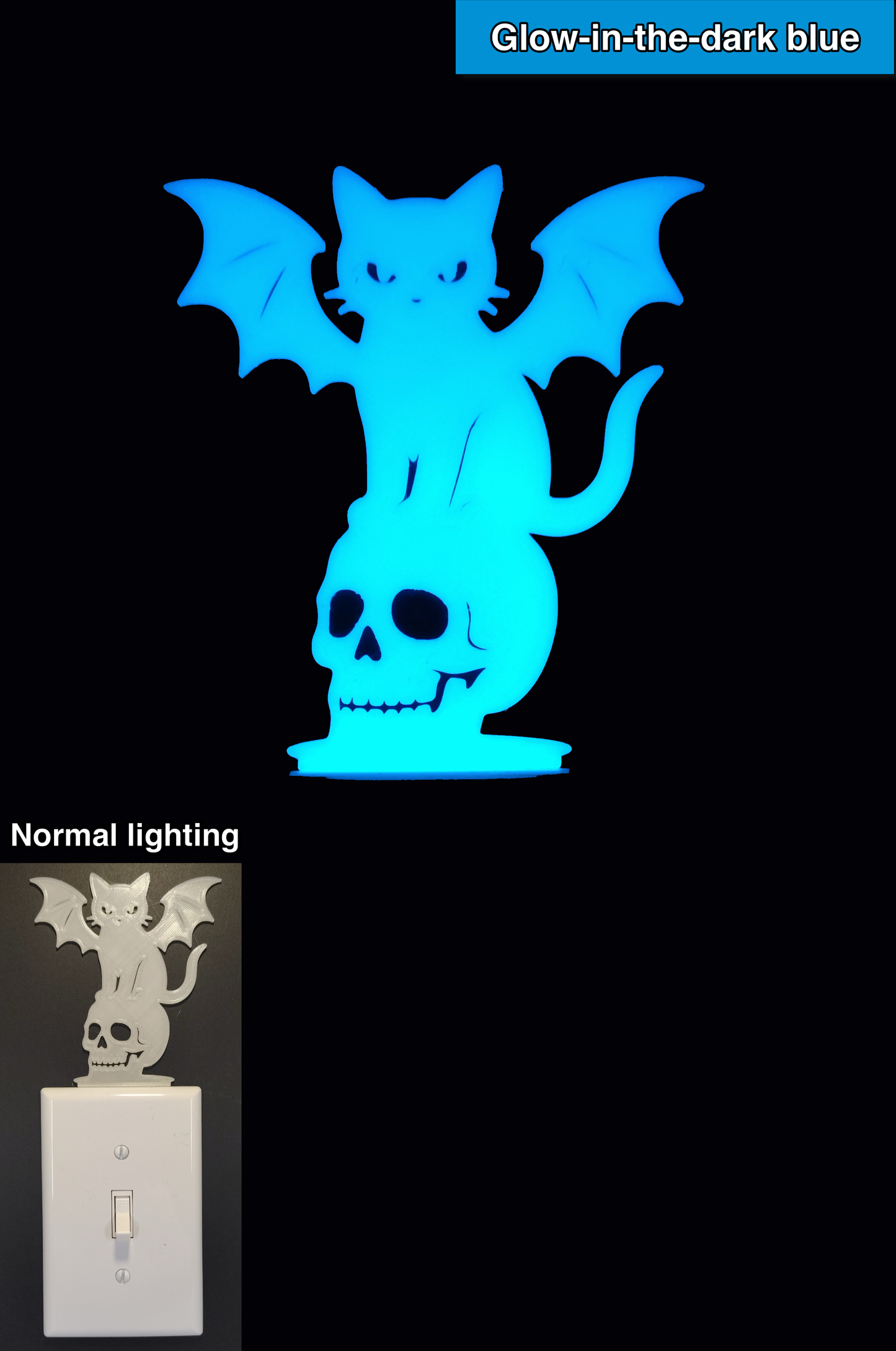 Glowplate light switch finder: glow-in-the-dark blue cat with bat wings standing on a skull, shown in normal lighting and glow-in-the-dark conditions.