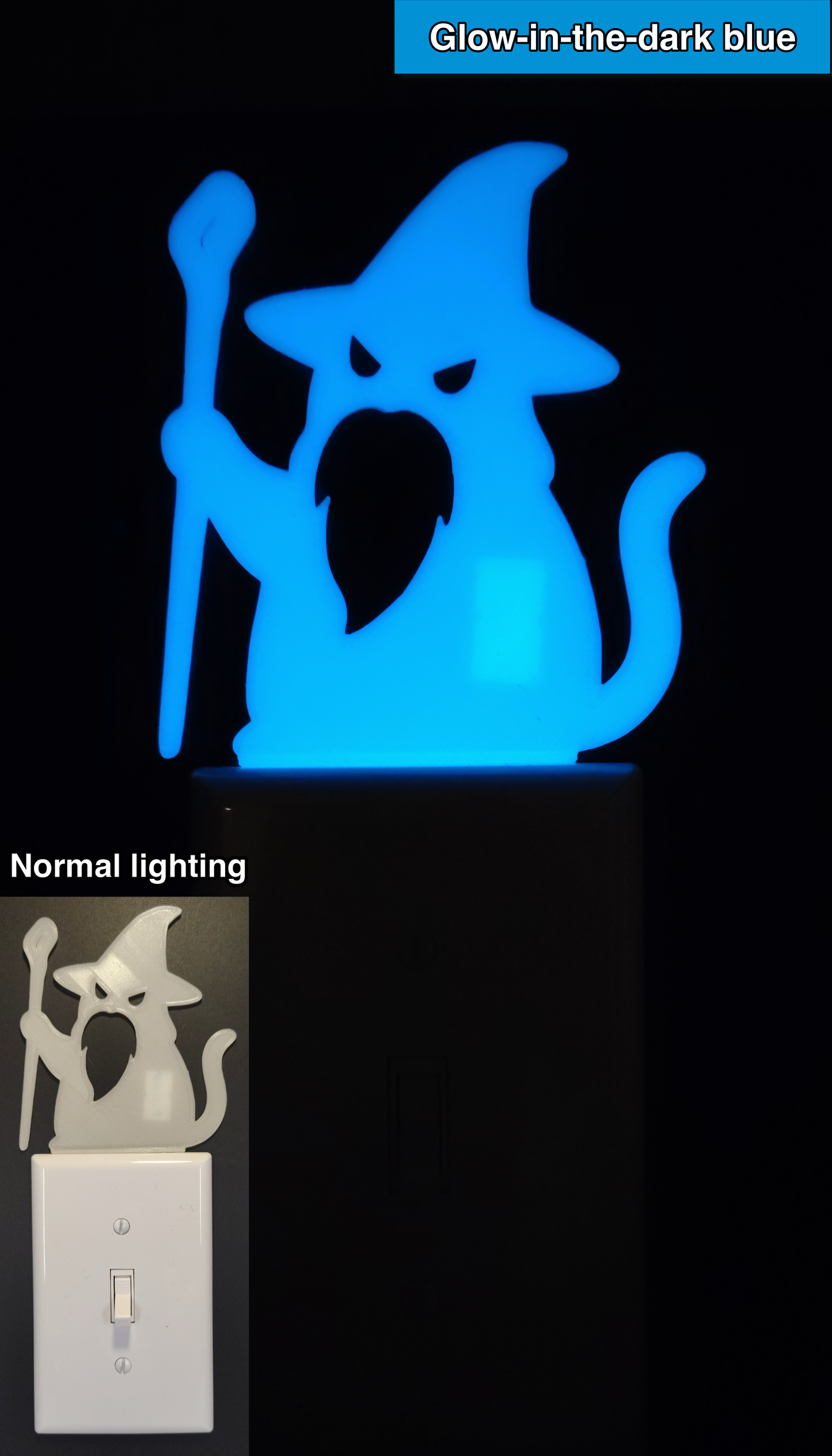 Glowplate light switch finder: glow-in-the-dark blue cat wizard with staff, shown in normal lighting and glow-in-the-dark conditions.