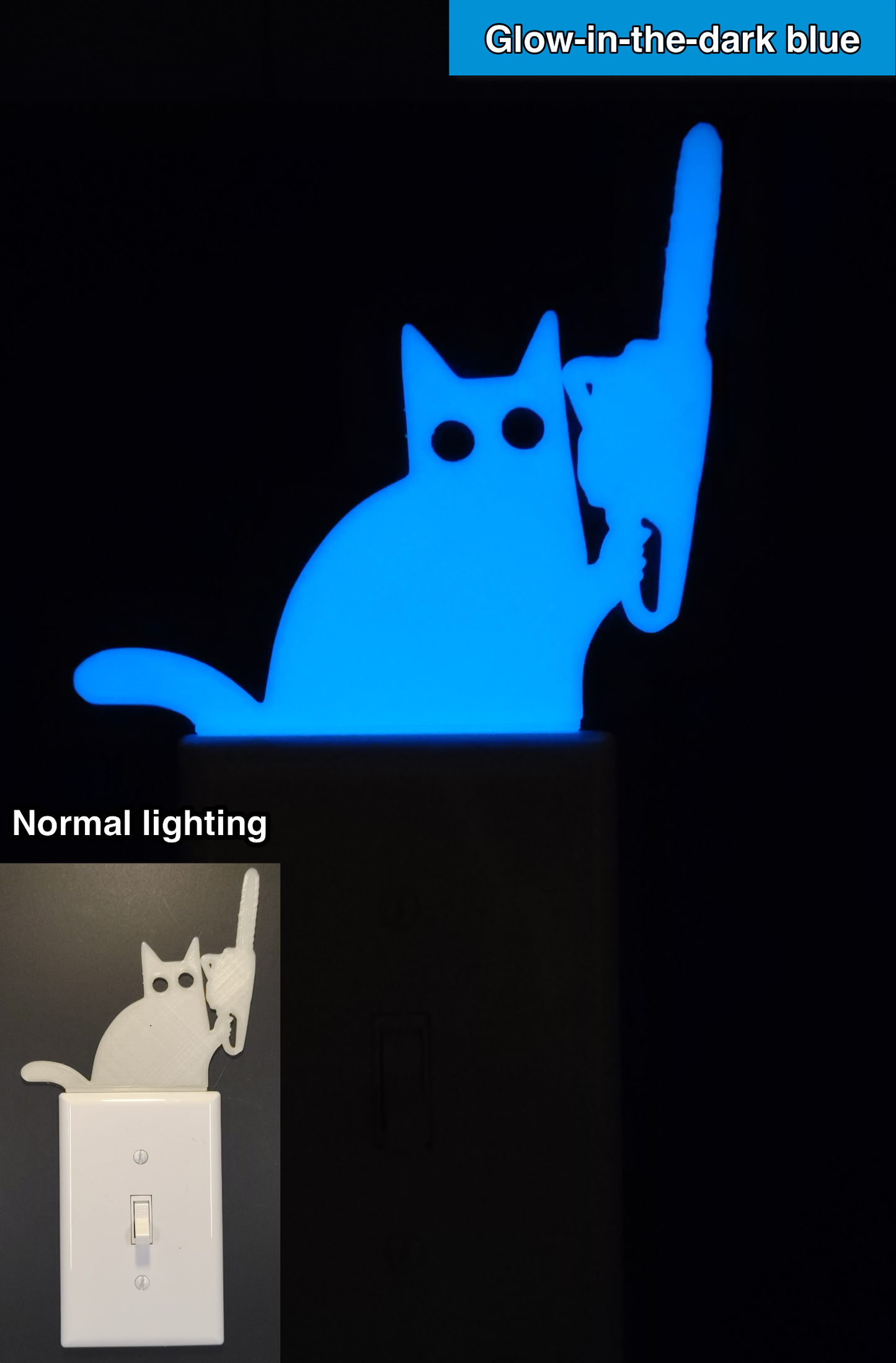 Glowplate light switch finder: glow-in-the-dark blue cat with chainsaw, shown in normal lighting and glow-in-the-dark conditions.