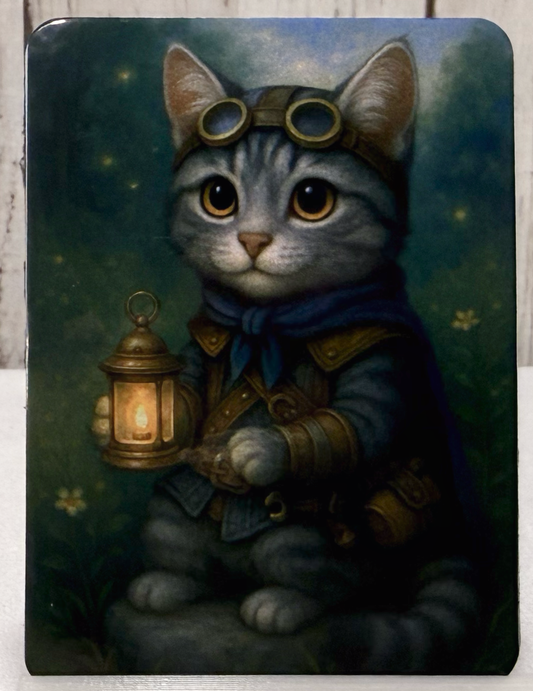 Magnet featuring a cat in steampunk attire holding a lantern against a dark background.