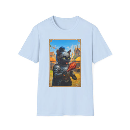 Knight Cat Festival Feast T-Shirt - Medieval Fantasy Cat in Armor Eating Turkey Leg, Renaissance Faire Cat Lover Tee
