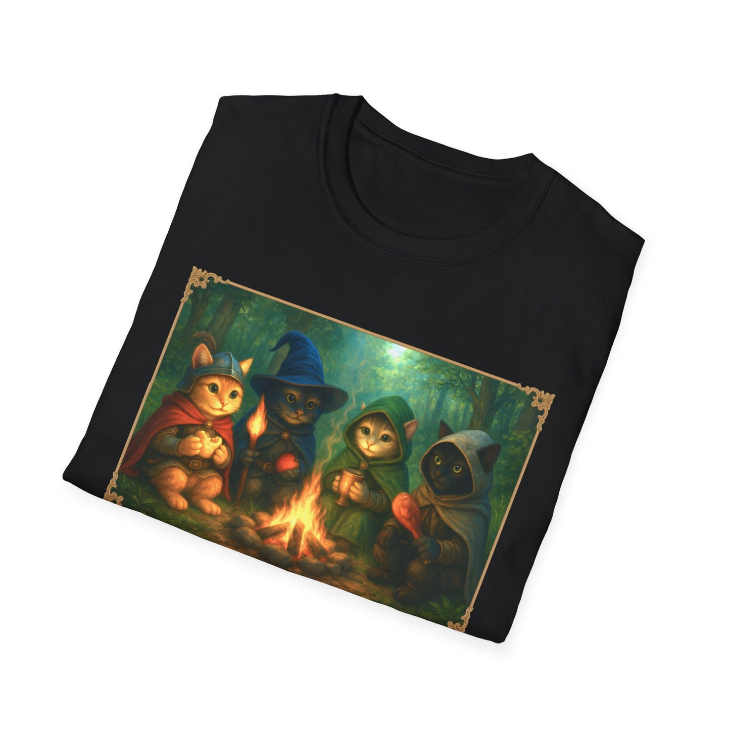 Fireside Kitties Fantasy T-Shirt - Adventuring Cats Around the Campfire