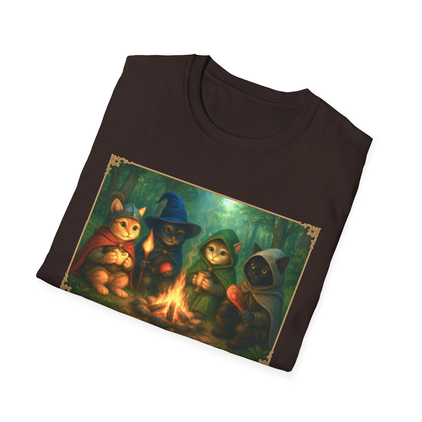 Fireside Kitties Fantasy T-Shirt - Adventuring Cats Around the Campfire