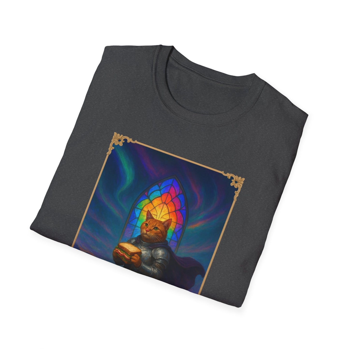 Knight Cat Stained Glass Sandwich T Shirt - Medieval Fantasy Cat in Armor Tee, Whimsical Cat Lover Gift Shirt