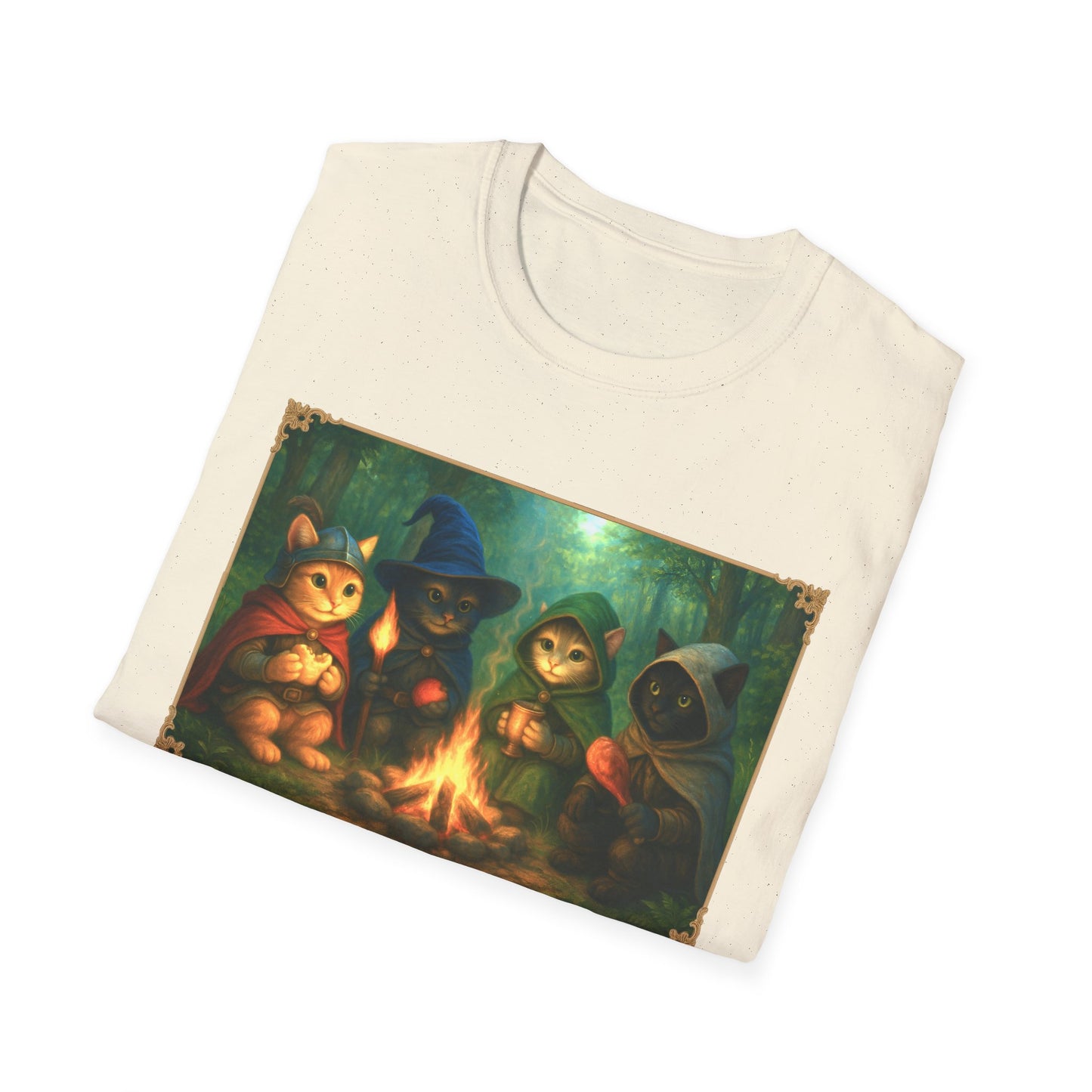 Fireside Kitties Fantasy T-Shirt - Adventuring Cats Around the Campfire