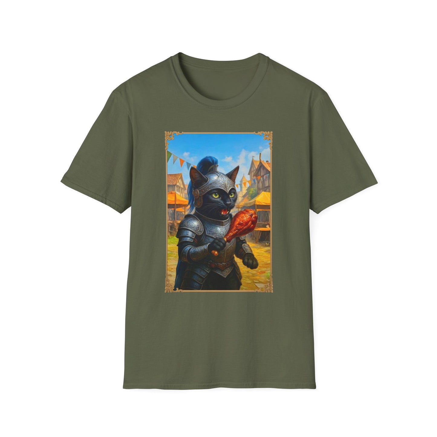 Knight Cat Festival Feast T-Shirt - Medieval Fantasy Cat in Armor Eating Turkey Leg, Renaissance Faire Cat Lover Tee