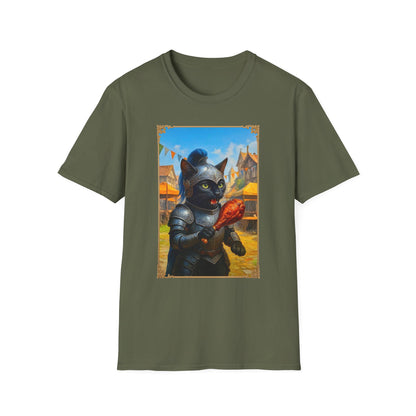 Knight Cat Festival Feast T-Shirt - Medieval Fantasy Cat in Armor Eating Turkey Leg, Renaissance Faire Cat Lover Tee