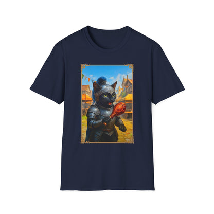 Knight Cat Festival Feast T-Shirt - Medieval Fantasy Cat in Armor Eating Turkey Leg, Renaissance Faire Cat Lover Tee