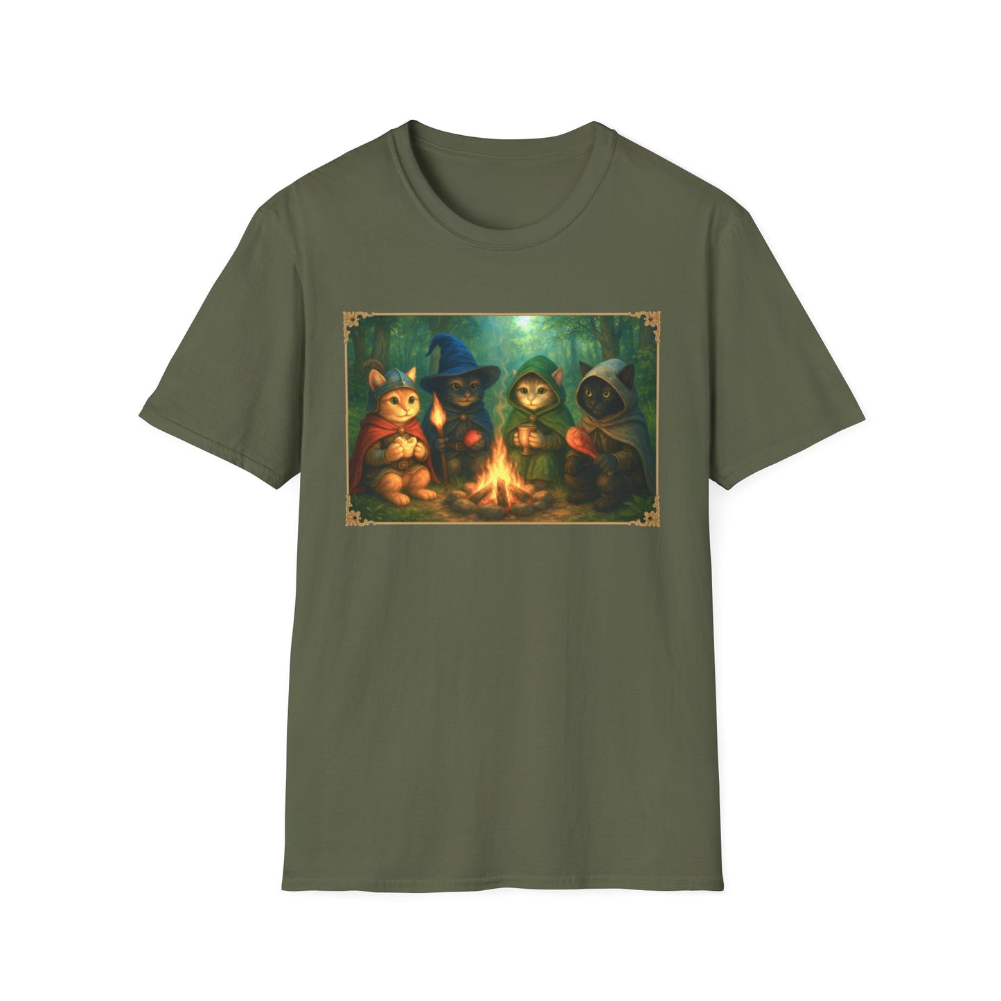 Fireside Kitties Fantasy T-Shirt - Adventuring Cats Around the Campfire
