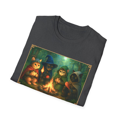 Fireside Kitties Fantasy T-Shirt - Adventuring Cats Around the Campfire