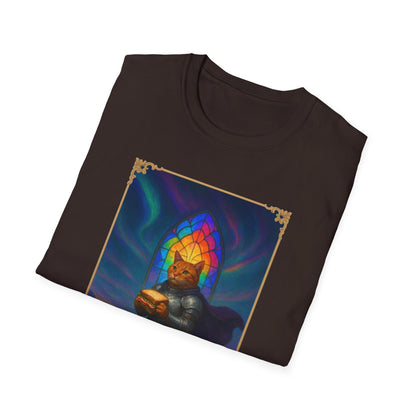 Knight Cat Stained Glass Sandwich T Shirt - Medieval Fantasy Cat in Armor Tee, Whimsical Cat Lover Gift Shirt
