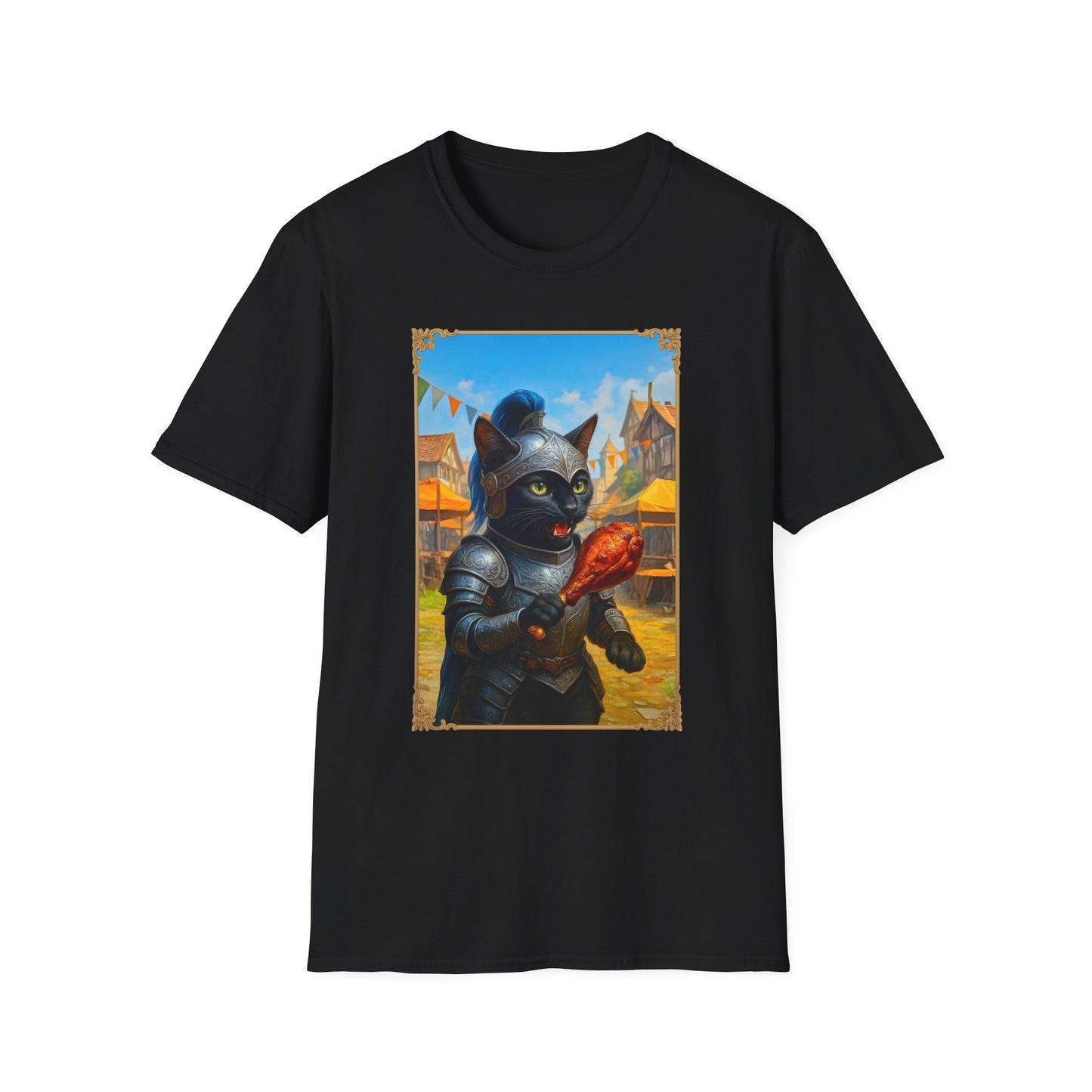 Knight Cat Festival Feast T-Shirt - Medieval Fantasy Cat in Armor Eating Turkey Leg, Renaissance Faire Cat Lover Tee