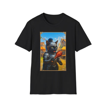 Knight Cat Festival Feast T-Shirt - Medieval Fantasy Cat in Armor Eating Turkey Leg, Renaissance Faire Cat Lover Tee