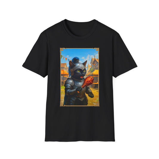 Knight Cat Festival Feast T-Shirt - Medieval Fantasy Cat in Armor Eating Turkey Leg, Renaissance Faire Cat Lover Tee