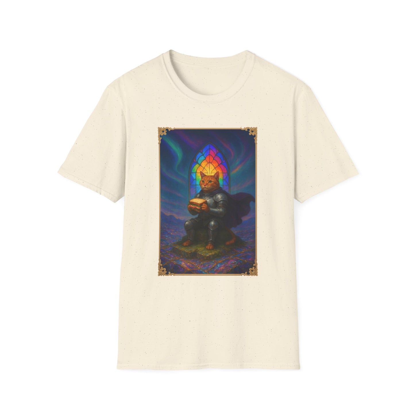 Knight Cat Stained Glass Sandwich T Shirt - Medieval Fantasy Cat in Armor Tee, Whimsical Cat Lover Gift Shirt