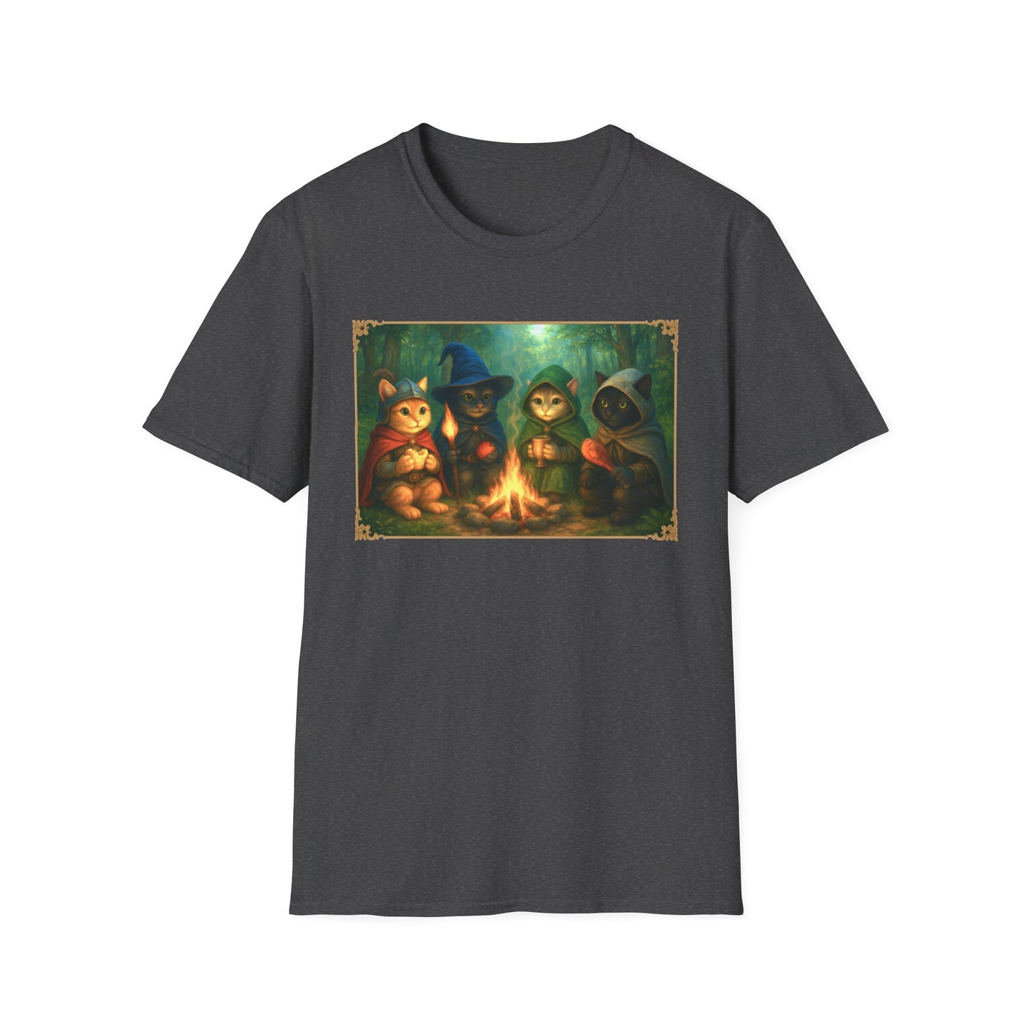 Fireside Kitties Fantasy T-Shirt - Adventuring Cats Around the Campfire
