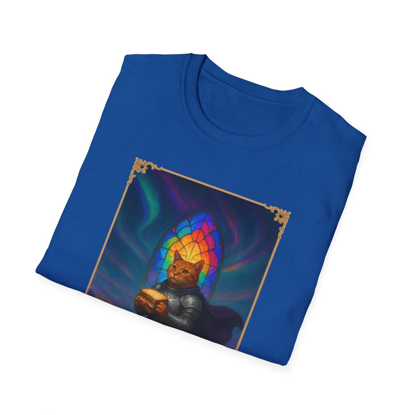 Knight Cat Stained Glass Sandwich T Shirt - Medieval Fantasy Cat in Armor Tee, Whimsical Cat Lover Gift Shirt