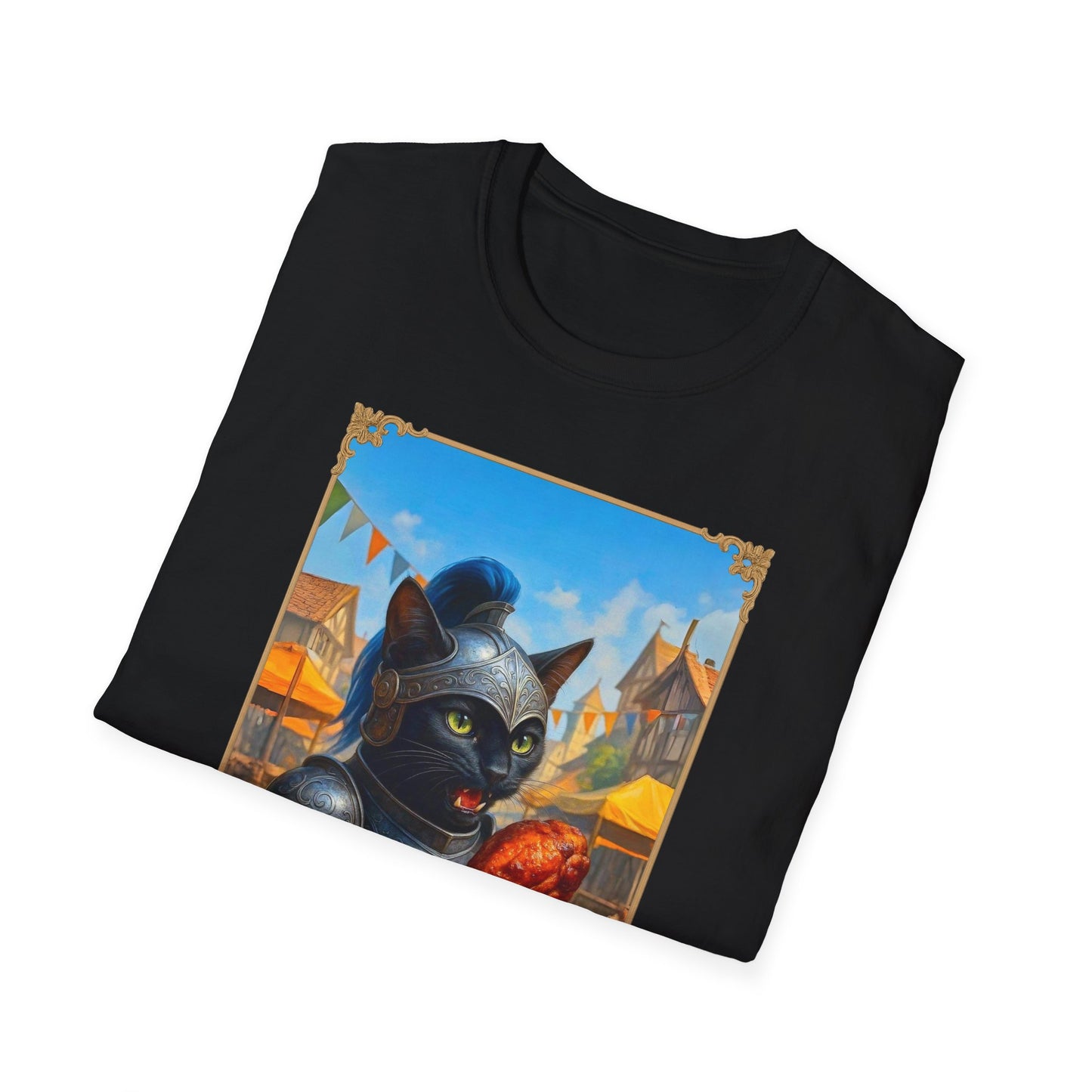 Knight Cat Festival Feast T-Shirt - Medieval Fantasy Cat in Armor Eating Turkey Leg, Renaissance Faire Cat Lover Tee
