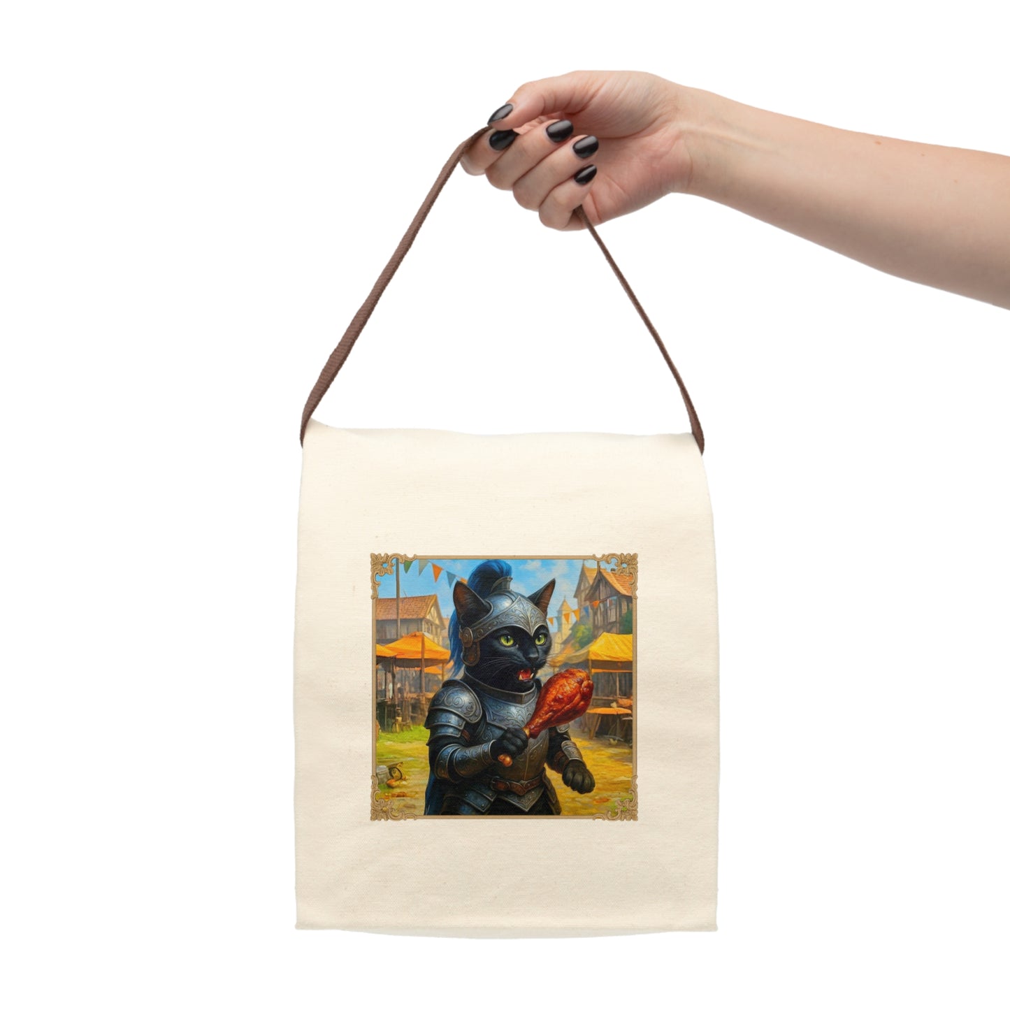 Knight Cat Canvas Lunch Bag - Medieval Fantasy Black Cat Tote for Lunch or Snacks