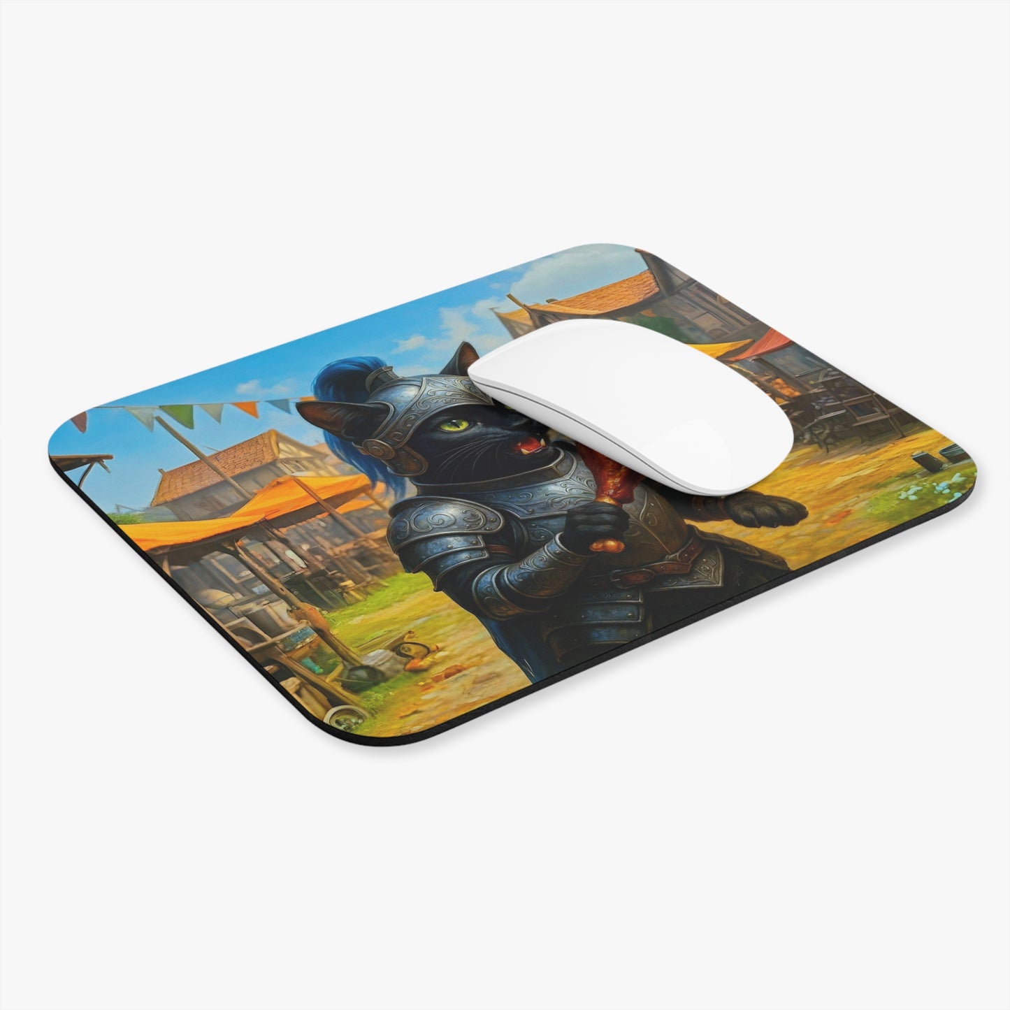 Knight Cat Mouse Pad - Medieval Fantasy Black Cat Warrior with Turkey Leg