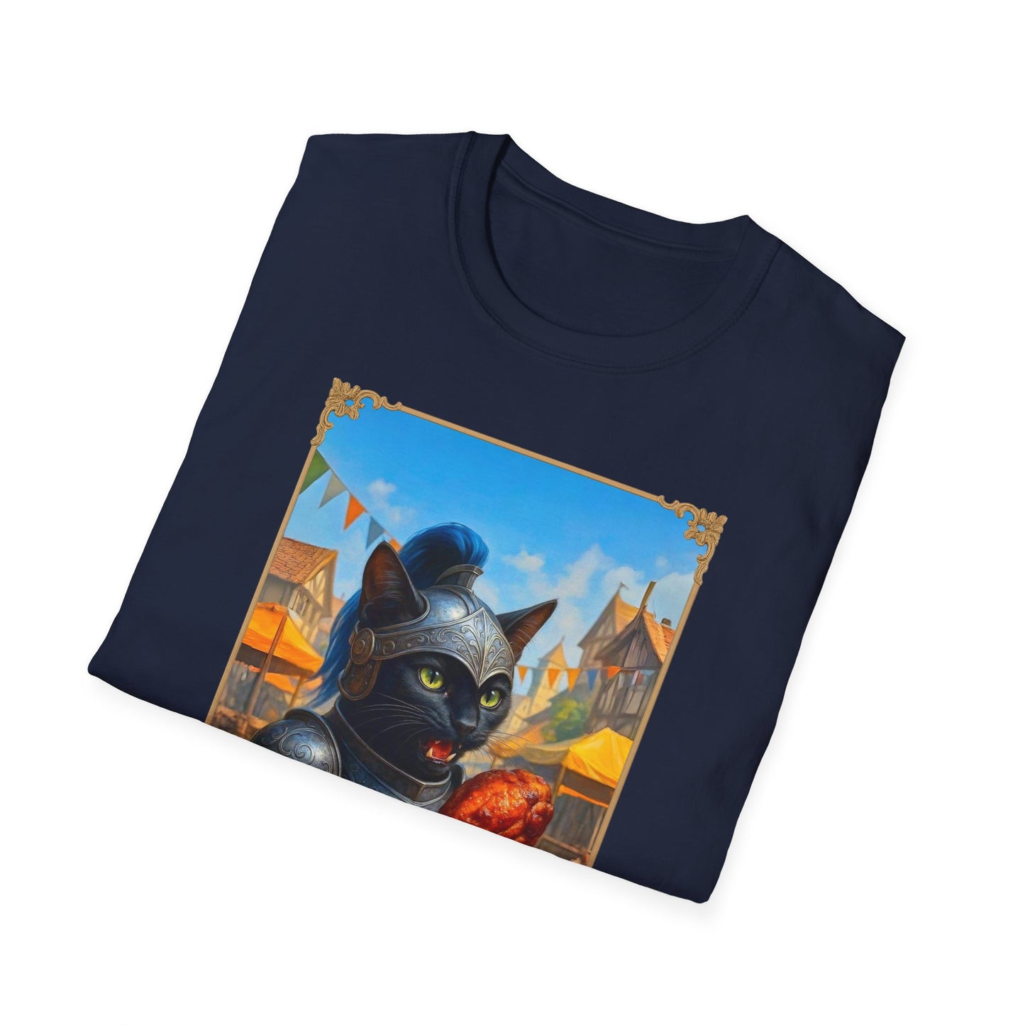Knight Cat Festival Feast T-Shirt - Medieval Fantasy Cat in Armor Eating Turkey Leg, Renaissance Faire Cat Lover Tee