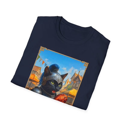 Knight Cat Festival Feast T-Shirt - Medieval Fantasy Cat in Armor Eating Turkey Leg, Renaissance Faire Cat Lover Tee