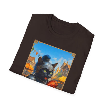 Knight Cat Festival Feast T-Shirt - Medieval Fantasy Cat in Armor Eating Turkey Leg, Renaissance Faire Cat Lover Tee