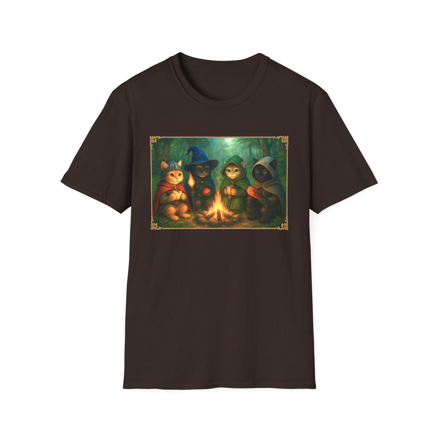 Fireside Kitties Fantasy T-Shirt - Adventuring Cats Around the Campfire