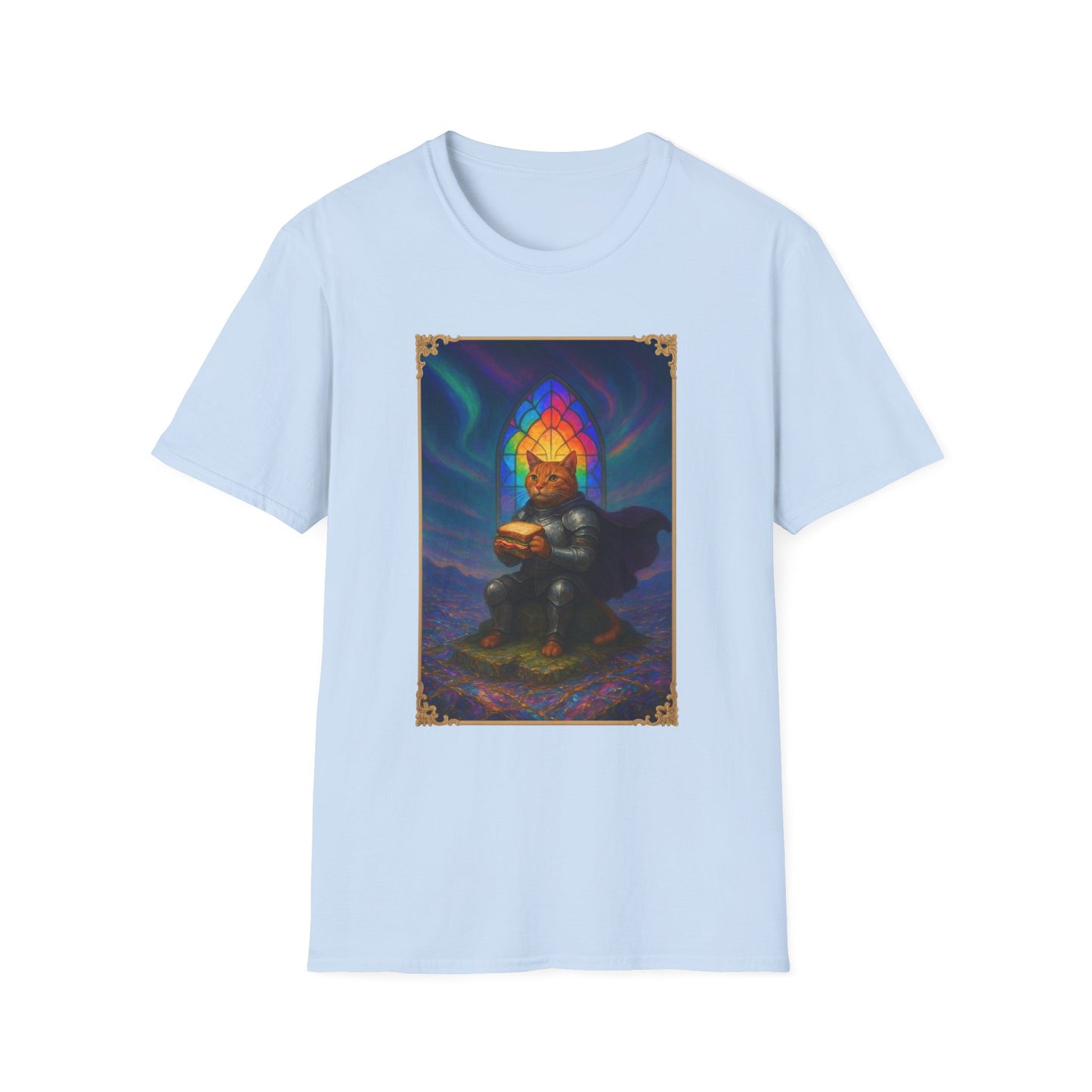 Knight Cat Stained Glass Sandwich T Shirt - Medieval Fantasy Cat in Armor Tee, Whimsical Cat Lover Gift Shirt