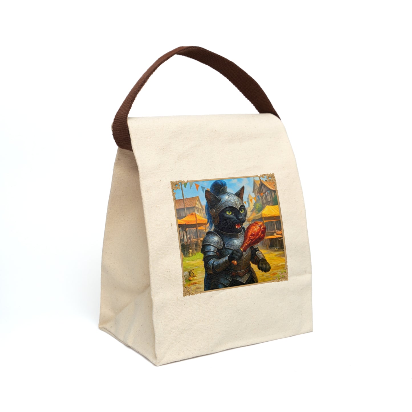 Knight Cat Canvas Lunch Bag - Medieval Fantasy Black Cat Tote for Lunch or Snacks