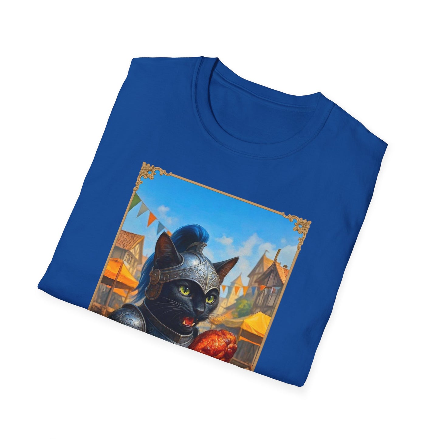 Knight Cat Festival Feast T-Shirt - Medieval Fantasy Cat in Armor Eating Turkey Leg, Renaissance Faire Cat Lover Tee