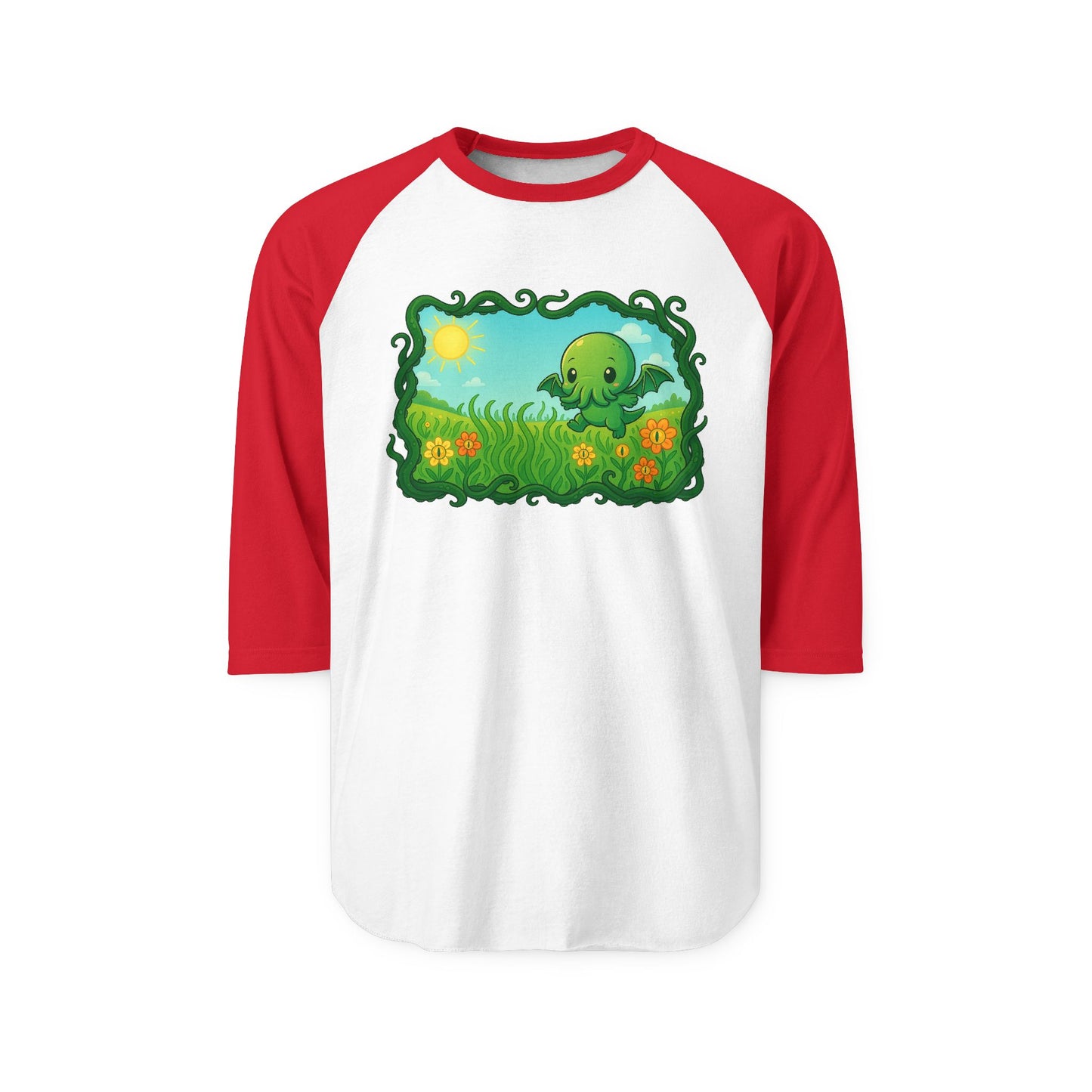 Kawaii Cthulhu Meadow Raglan Tee - Cute Eldritch Floral 3/4 Sleeve Shirt