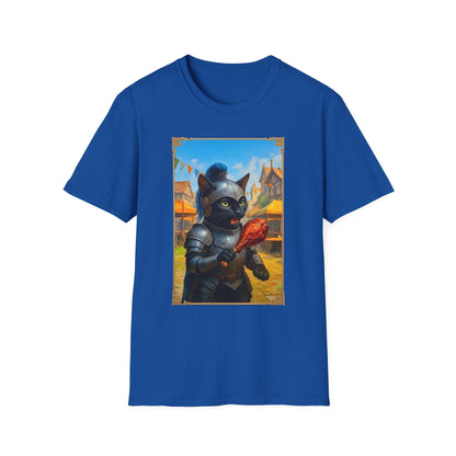 Knight Cat Festival Feast T-Shirt - Medieval Fantasy Cat in Armor Eating Turkey Leg, Renaissance Faire Cat Lover Tee