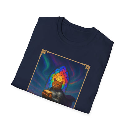 Knight Cat Stained Glass Sandwich T Shirt - Medieval Fantasy Cat in Armor Tee, Whimsical Cat Lover Gift Shirt