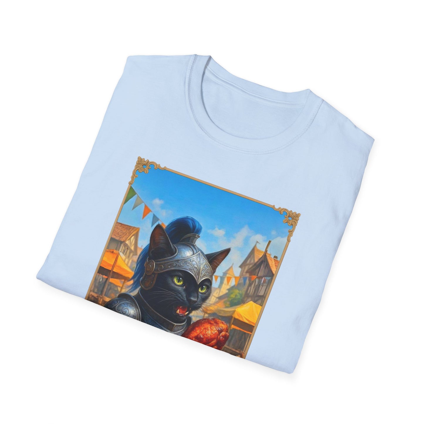 Knight Cat Festival Feast T-Shirt - Medieval Fantasy Cat in Armor Eating Turkey Leg, Renaissance Faire Cat Lover Tee