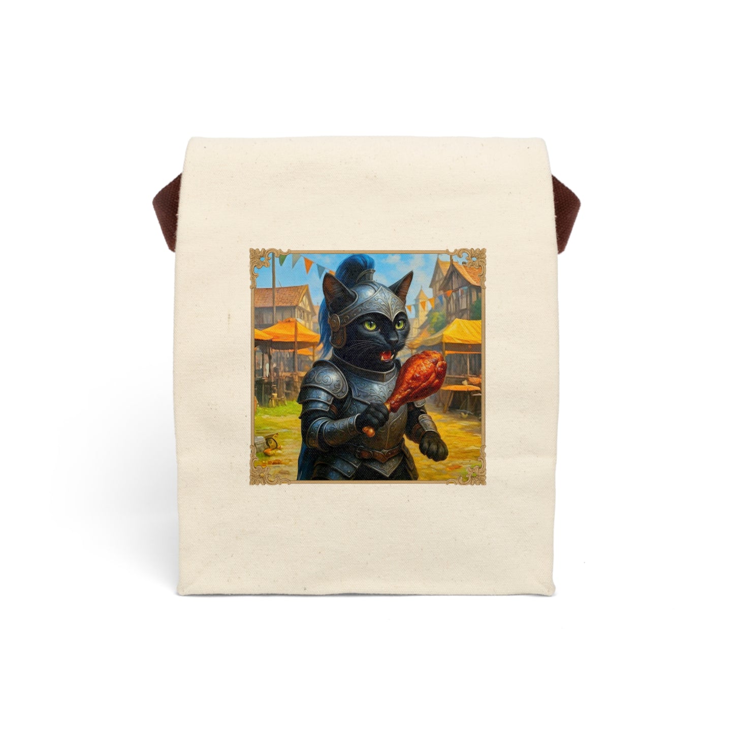Knight Cat Canvas Lunch Bag - Medieval Fantasy Black Cat Tote for Lunch or Snacks