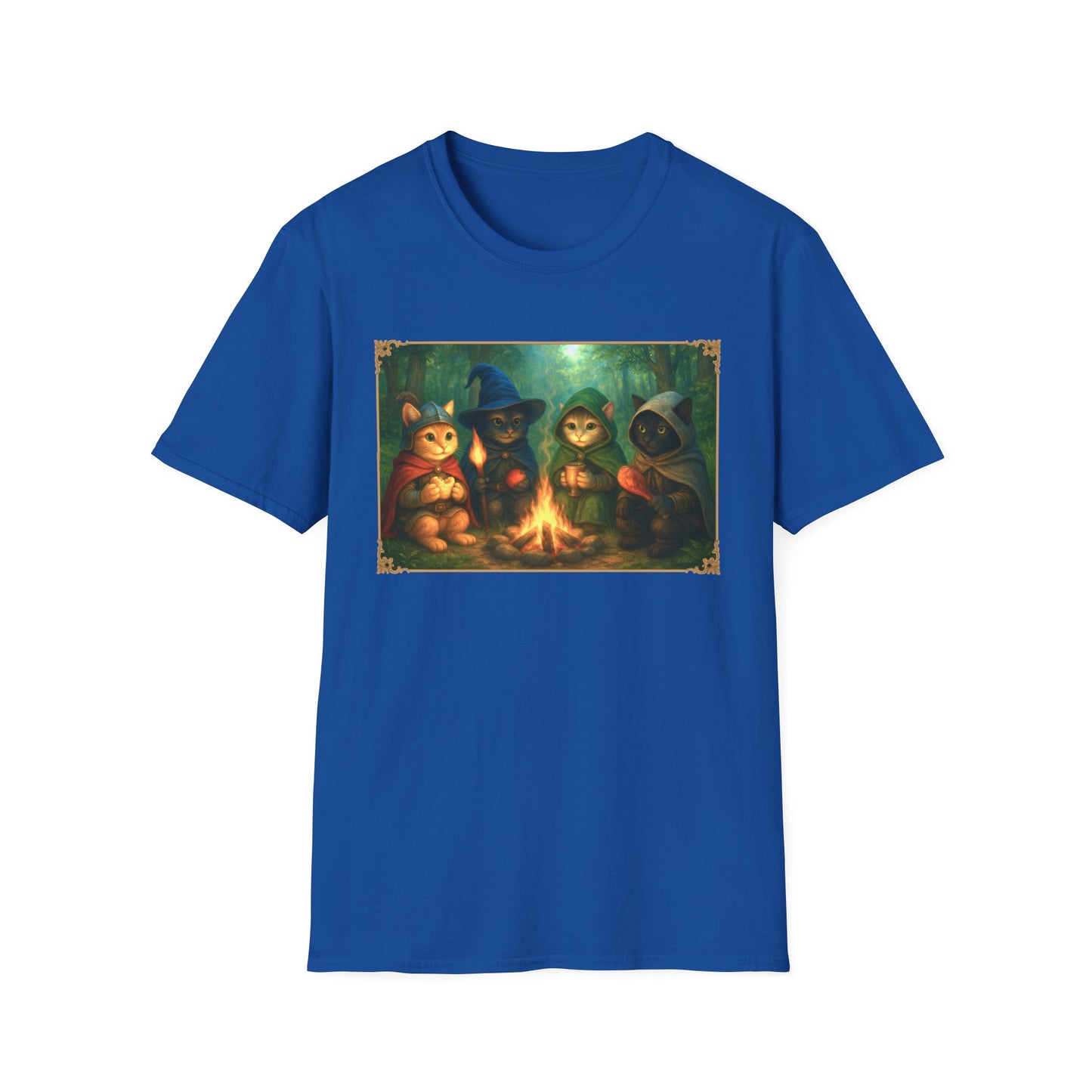 Fireside Kitties Fantasy T-Shirt - Adventuring Cats Around the Campfire