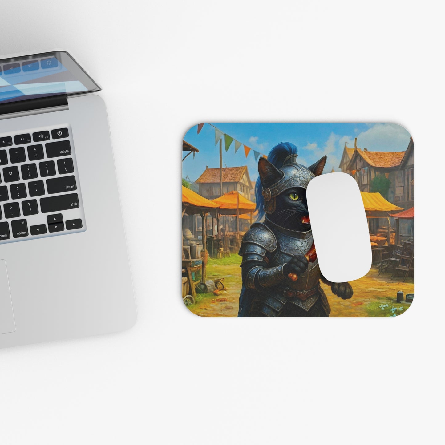 Knight Cat Mouse Pad - Medieval Fantasy Black Cat Warrior with Turkey Leg