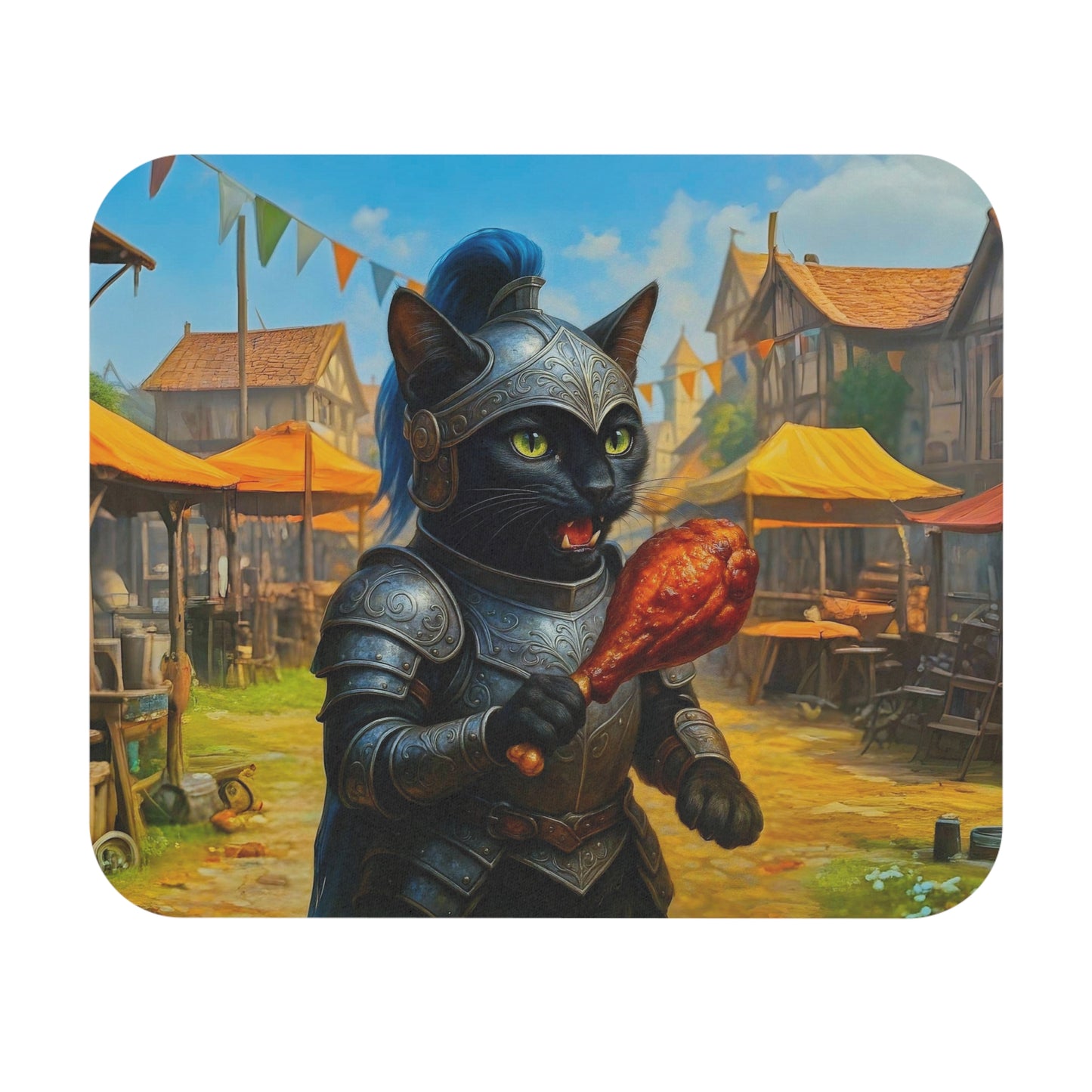 Knight Cat Mouse Pad - Medieval Fantasy Black Cat Warrior with Turkey Leg