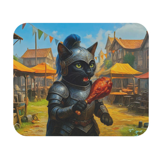 Knight Cat Mouse Pad - Medieval Fantasy Black Cat Warrior with Turkey Leg