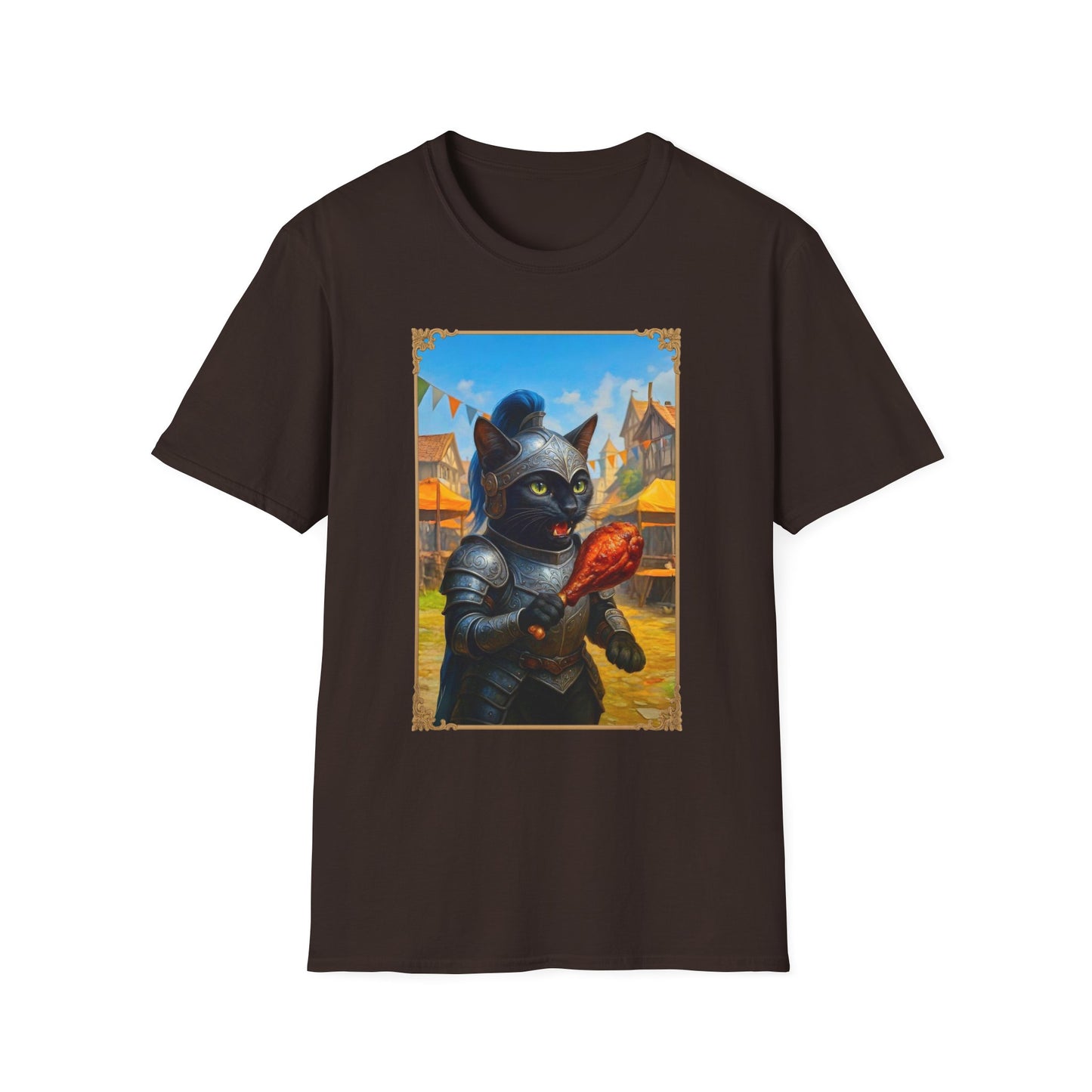 Knight Cat Festival Feast T-Shirt - Medieval Fantasy Cat in Armor Eating Turkey Leg, Renaissance Faire Cat Lover Tee