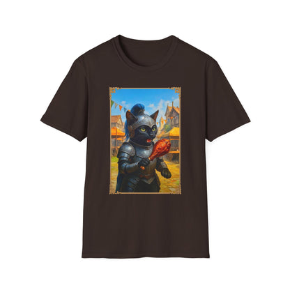 Knight Cat Festival Feast T-Shirt - Medieval Fantasy Cat in Armor Eating Turkey Leg, Renaissance Faire Cat Lover Tee