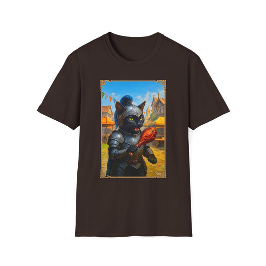 Knight Cat Festival Feast T-Shirt - Medieval Fantasy Cat in Armor Eating Turkey Leg, Renaissance Faire Cat Lover Tee