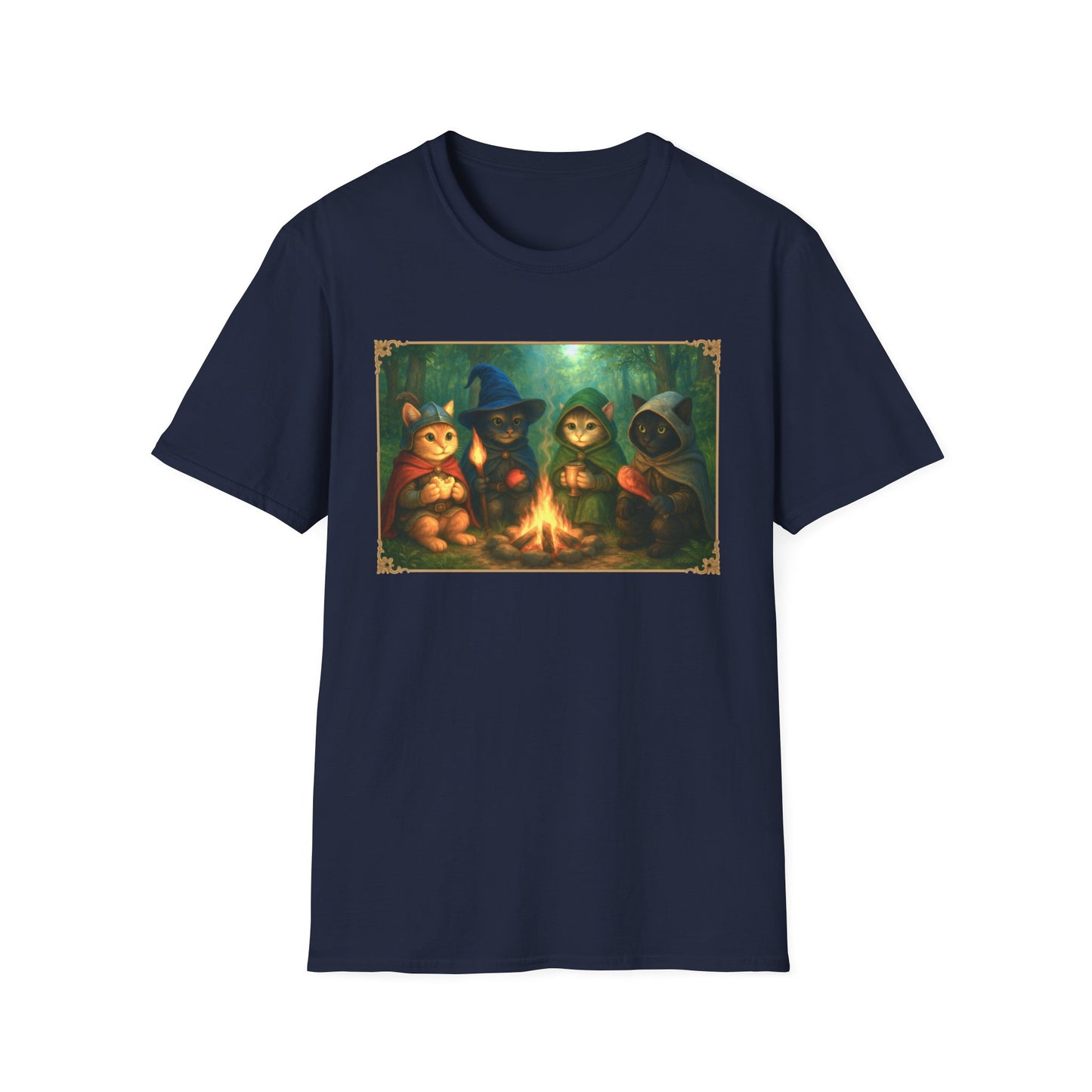 Fireside Kitties Fantasy T-Shirt - Adventuring Cats Around the Campfire
