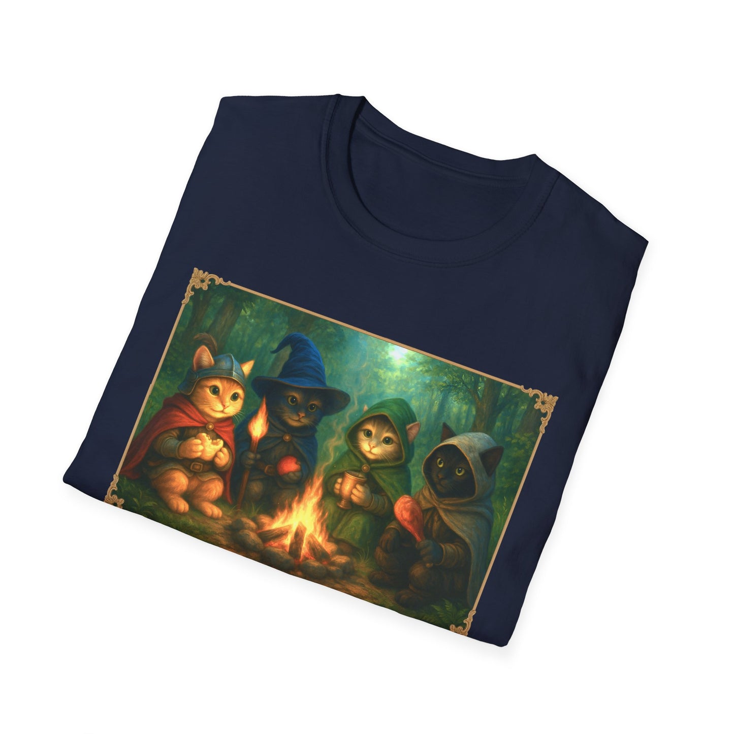 Fireside Kitties Fantasy T-Shirt - Adventuring Cats Around the Campfire