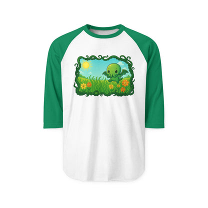Kawaii Cthulhu Meadow Raglan Tee - Cute Eldritch Floral 3/4 Sleeve Shirt
